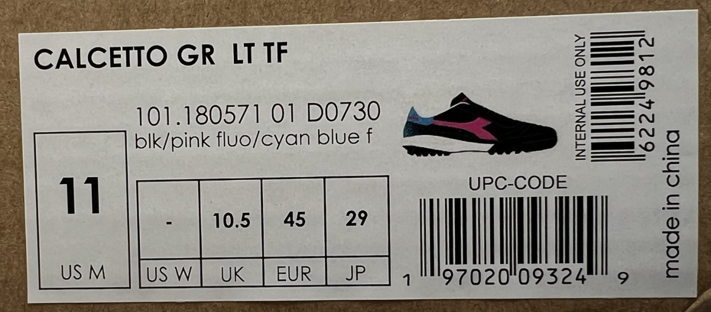 Diadora Calcetto GR LT TF Soccer Shoes Men’s Size 11 Black/Pink/Blue D0730