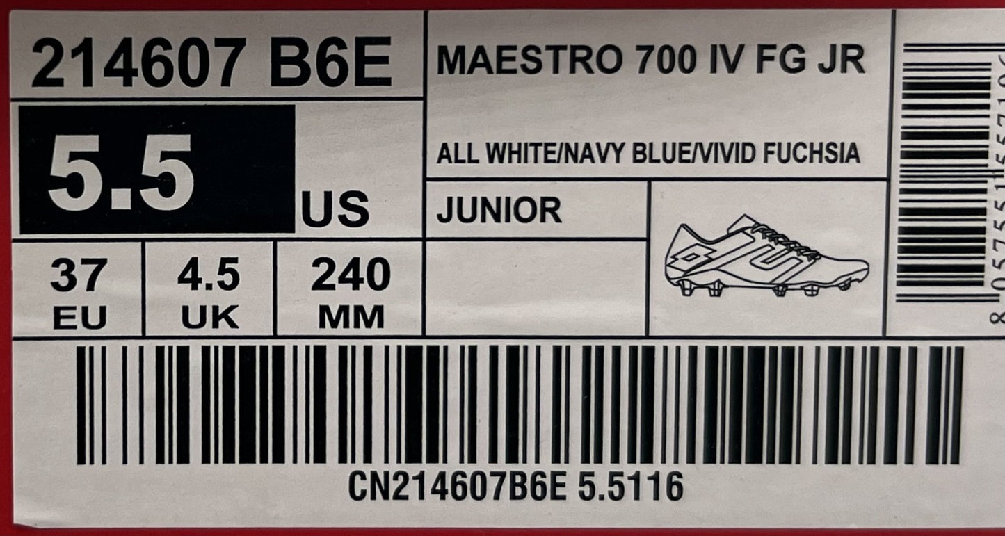 Lotto Maestro 700 IV FG JR Kids’ Soccer Cleats Junior Size 5.5 White 214607-B6E