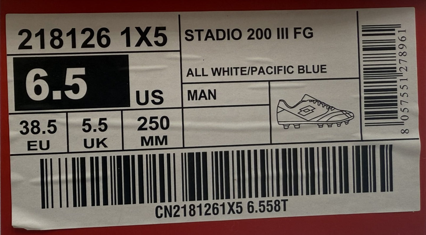 LOTTO ' STADIO 200 III FG ' WHITE/PACIFIC BLUE ' UNISEX SIZE 6.5 ' SOCCER CLEATS