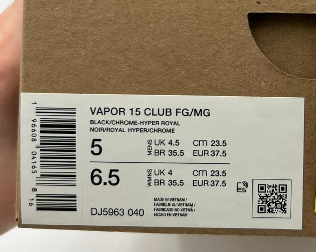 Nike Vapor 15 Club FG/MG Soccer Cleats Men’s Size 5 Women’s Size 6.5 Black/Chrom