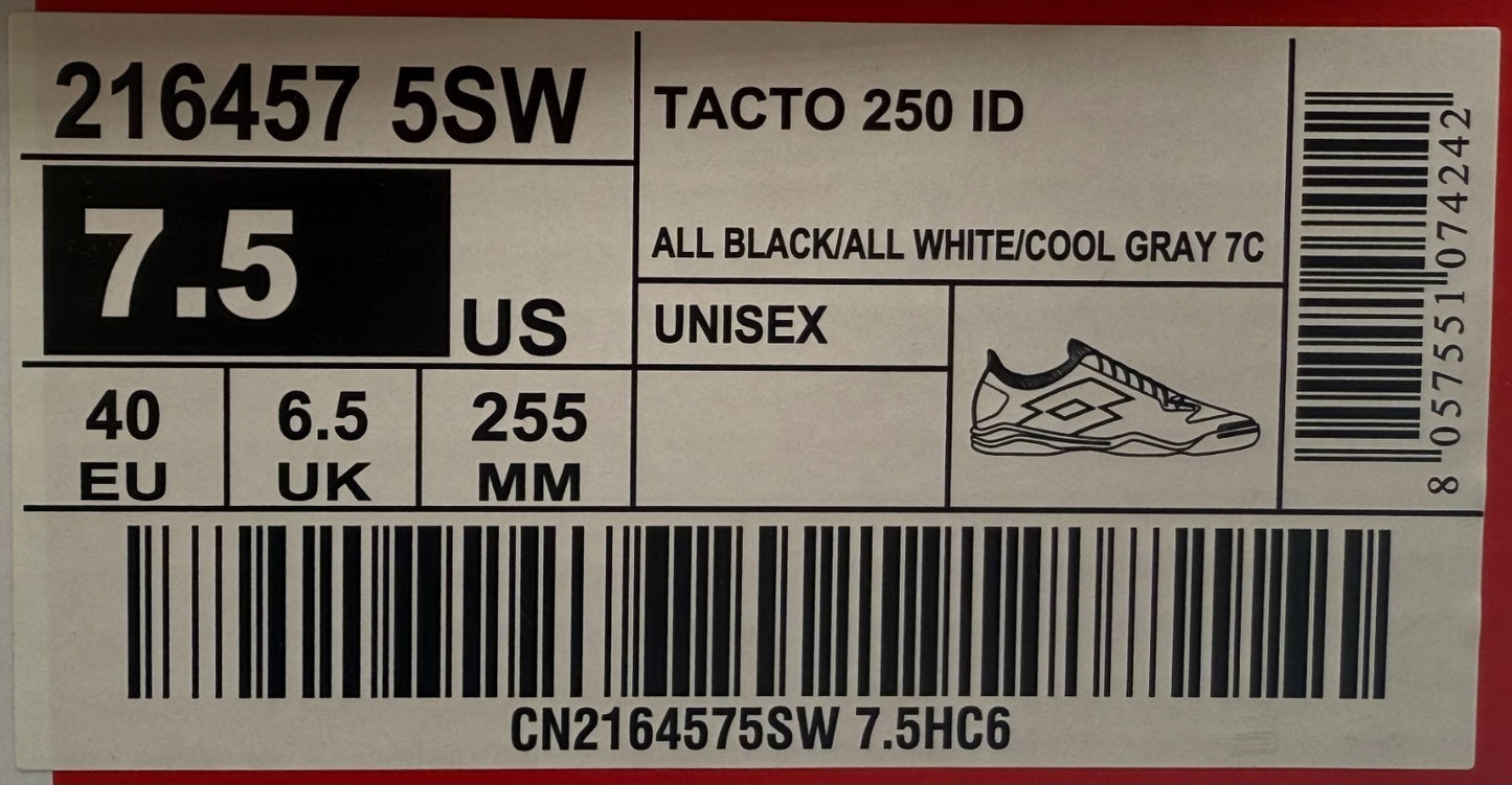 Lotto Tacto 250 ID Indoor Soccer Shoes Black/White/Cool Gray Unisex CN2164575SW